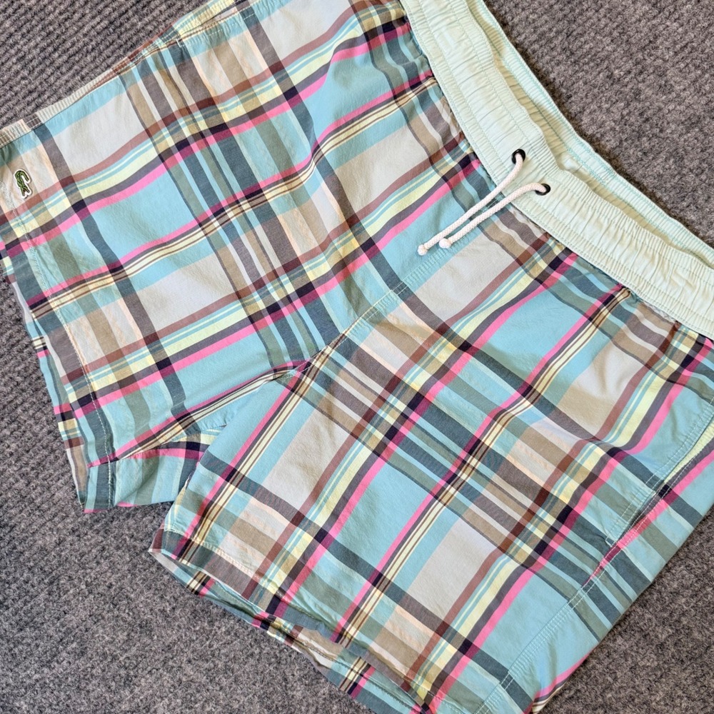 Lacoste Mens Plaid Swim Trunks Blue Pink Yellow Drawstring Board Shorts Size‎ L